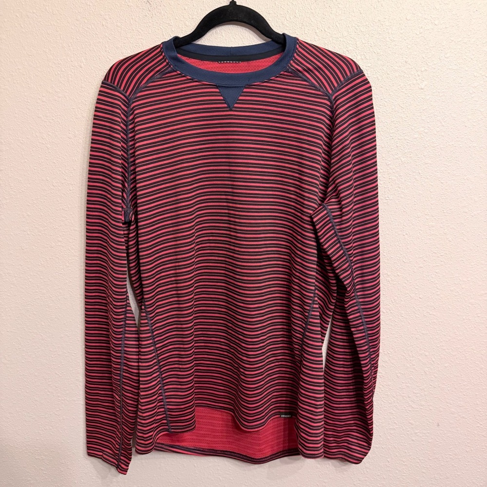 Patagonia Capilene 3 Midweight Crew Neck Striped Base Layer Red Navy Mens L